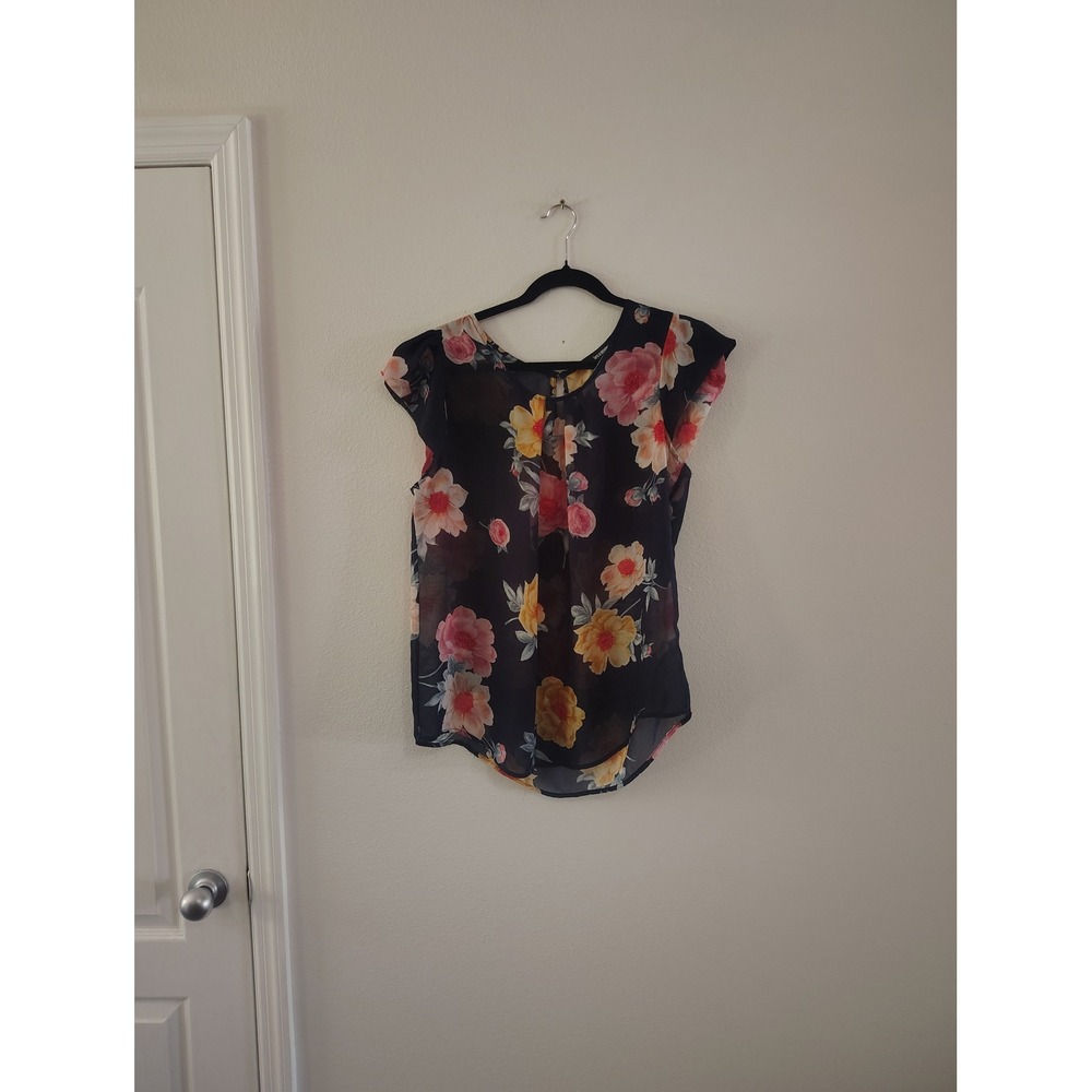 Ups & Downs Floral Chiffon Flutter Sleeve Blouse Navy Blue‎ XL Womens Top